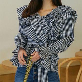 Bell-sleeve Ruffled Checked Tie-waist Blouse