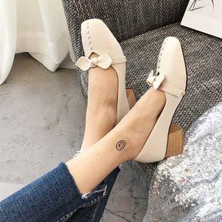 Bow Square Toe Block Heel Pumps