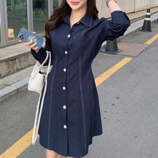 Long-sleeve A-line Shirt Dress Navy Blue - One Size