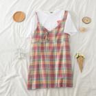 Set: Pig Embroidered T-shirt + Check Jumper Dress