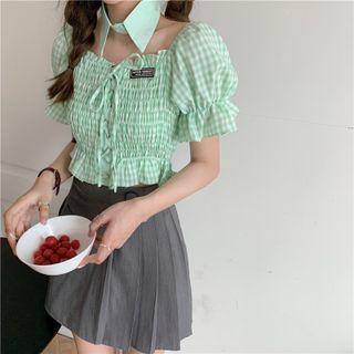 Off-shoulder Gingham Ruffled Blouse