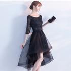 Lace Panel Elbow Sleeve A-line Evening Dress