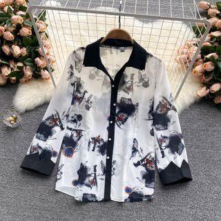 Polo Collar Print Color Block Chiffon Top