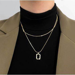 Set Of 2 : Rectangle Pendant Necklace + Stainless Steel Necklace