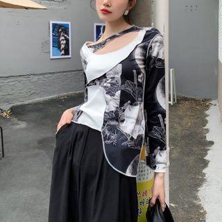 Asymmetrical Print Panel Knit Top