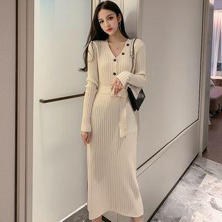 Long Sleeve V-neck Rib-knit Dress