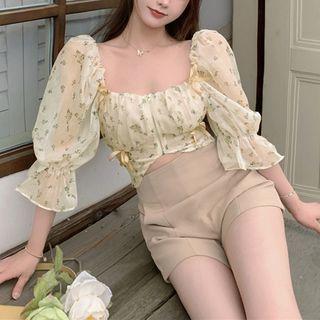 Elbow-sleeve Floral Print Cropped Blouse Almond - One Size