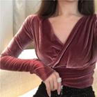 Plain Velvet V-neck Slim-fit Long-sleeve Top
