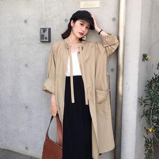 Tie-neck Open-front Long Trench Coat
