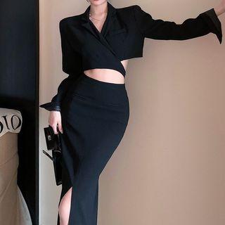 Cutout Crop Blazer / Slit Midi Pencil Skirt