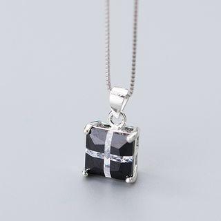 925 Sterling Silver Square Rhinestone Pendant Necklace Pendant - Black - One Size