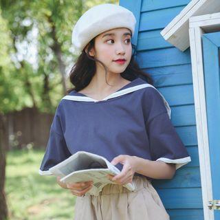 Contrast Trim Sailor Collar Embroidery Top