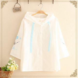 3/4-sleeve Printed Button Hoodie White - One Size