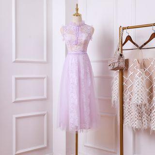 Sleeveless Mesh Paneled Lace A-line Midi Dress