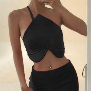 One-shoulder Heart Plain Crop Camisole Top With Arm Sleeve