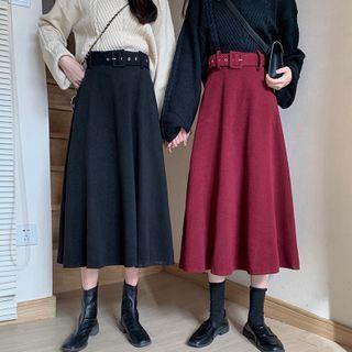 High-waist Belted A-line Woolen Skirt