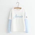 Letter Embroidered Striped Panel Long Sleeve T-shirt