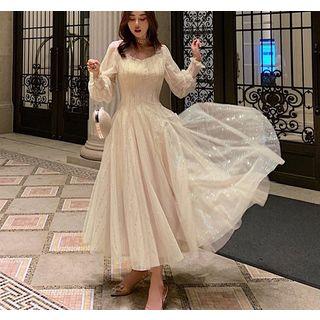 Balloon-sleeve Sequined Midi A-line Mesh Dress