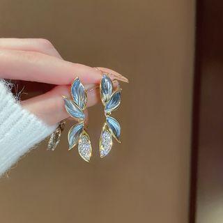 Rhinestone Leaf Stud Earring 1 Pair - Blue & White - One Size