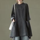Long-sleeve Denim Mini A-line Dress Gray - One Size