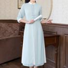 3/4-sleeve Embroidered Chiffon Midi A-line Dress