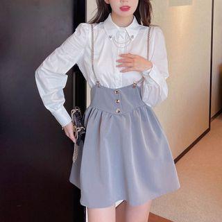 Puff-sleeve Chained Shirt / Overall Dress / Set