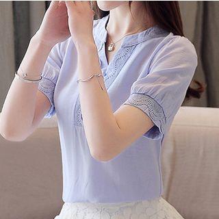 Short-sleeve Plain V-neck Button Chiffon Shirt