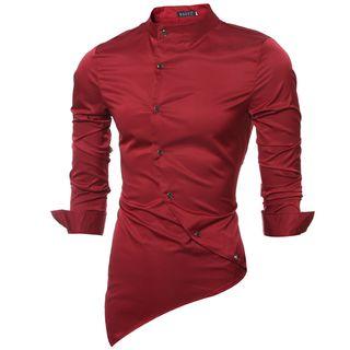 Plain Stand Collar Asymmetric Hem Shirt