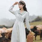 Long-sleeve Flower Embroidered Collared Midi A-line Dress
