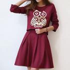 Set: Long-sleeve Cropped T-shirt + Pleated Skirt
