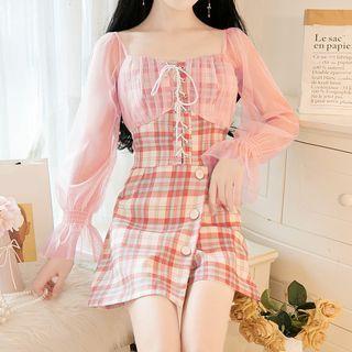 Set: Long-sleeve Mesh Blouse + Plaid Mini A-line Skirt