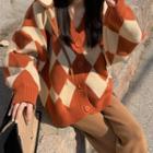 V-neck Argyle Long-sleeve Cardigan / High-waist Slit Pants