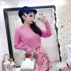 Rhinestone Long-sleeve Knit Top Pink - One Size