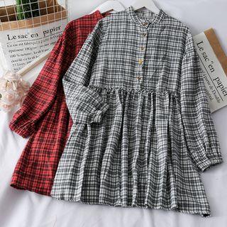 Stand-collar Checker Mini Dress