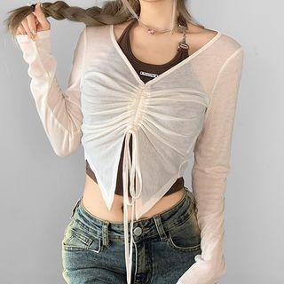 Set: Long-sleeve V-neck Crop Top + Chain Camisole Top