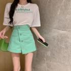 Lettering T-shirt / High-waist Mini A-line Skort / Set