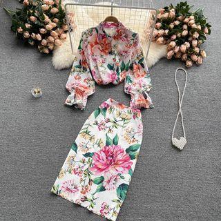 Set Of 2 : Flower Print Long-sleeve Shirt + High-waist A-line Skirt