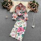 Set Of 2 : Flower Print Long-sleeve Shirt + High-waist A-line Skirt
