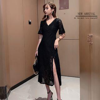 Slit-side V-neck Lace A-line Dress