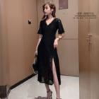 Slit-side V-neck Lace A-line Dress