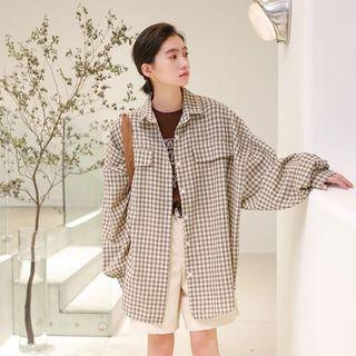 Plaid Puff-sleeve Shirt Khaki - One Size