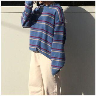 Long Sleeve Striped Knit Top Blue - One Size