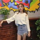 Bell-sleeve Long-sleeved Off-shoulder Loose-fit Crewneck Knitted Cutout Plain Sweater