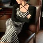 Long-sleeve Halter-neck Checkerboard Panel Midi Sheath Dress