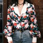 V-neck Lantern-sleeve Floral Print Shirt