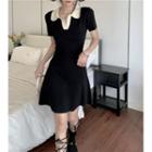 Short-sleeve Two Tone A-line Mini Polo Dress Black - One Size