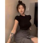 Mock-neck Skinny T-shirt / Irregular High-waist Midi Skirt