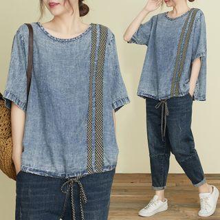 Plaid Panel Drawstring-hem Denim Short-sleeve Top Blue - One Size