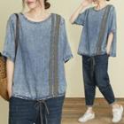 Plaid Panel Drawstring-hem Denim Short-sleeve Top Blue - One Size