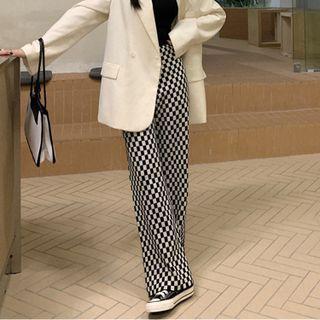 High-waist Plaid Straight-cut Knit Pants Black - One Size